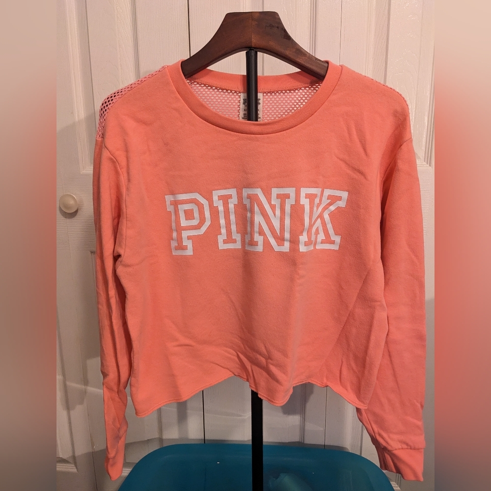 PINK Cropped Crew neck Sweatshirt W/Mesh pink and white Size S